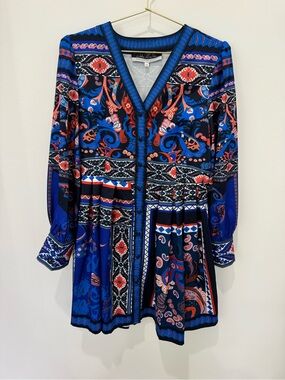 dalia macphee tie neck printed midi dress Dalia MacPhee Short Sleeve Tie Neck Floral Mini Dress With Lace Trim Medium NWT